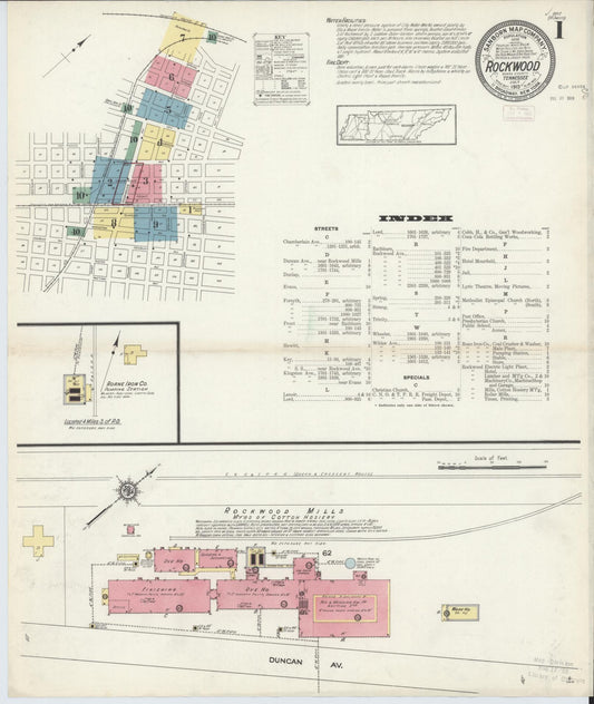 Sanborn Fire Insurance Map from Rockwood, Roane County, Tennessee (1913), Sheet #0001 - Complete Map Set gallery image, historic Sanborn map, vintage wall art, Tennessee Tennessee