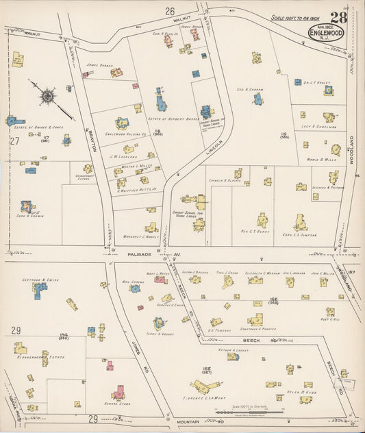 Sanborn Fire Insurance Map from Englewood, Bergen County, New Jersey (1922), Sheet #0028 - Historic Sanborn Fire Insurance Map Print, vintage old map wall art, antique decor, genealogy gift, New Jersey New Jersey map