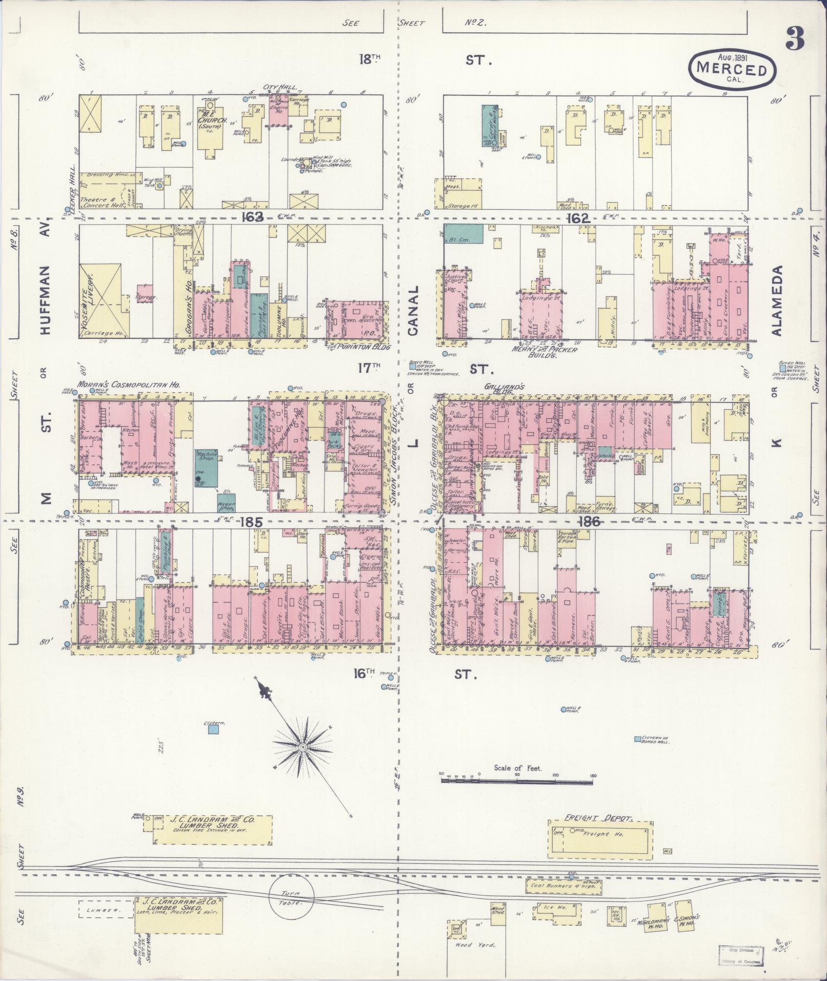 Sanborn Fire Insurance Map from Merced, Merced County, California (1891), Sheet #0003 - Historic Sanborn Fire Insurance Map Print, vintage old map wall art, antique decor, genealogy gift, California California map