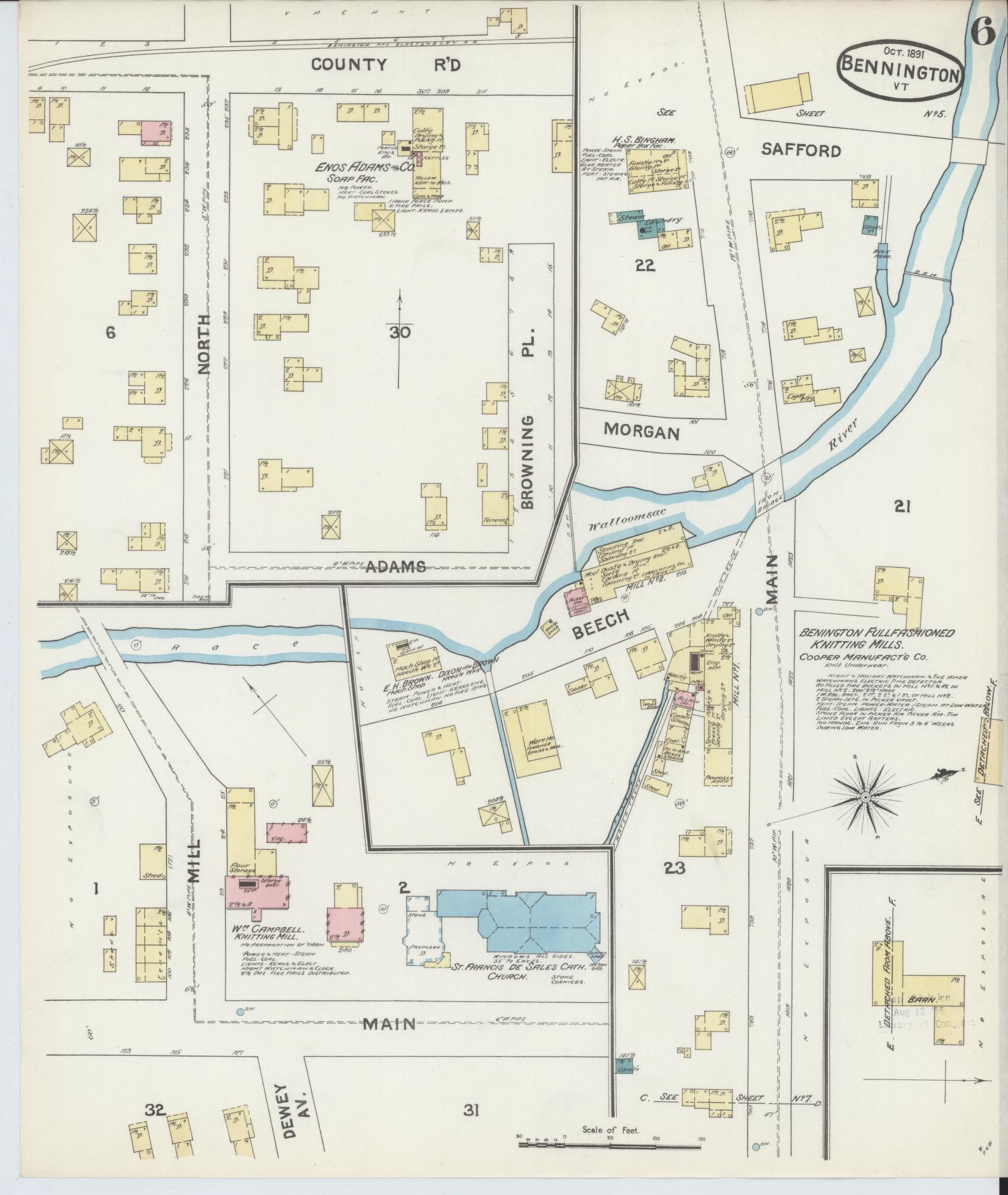 Sanborn Fire Insurance Map from Bennington, Bennington County, Vermont (1891), Sheet #0006 - Complete Map Set gallery image, historic Sanborn map, vintage wall art, Vermont Vermont