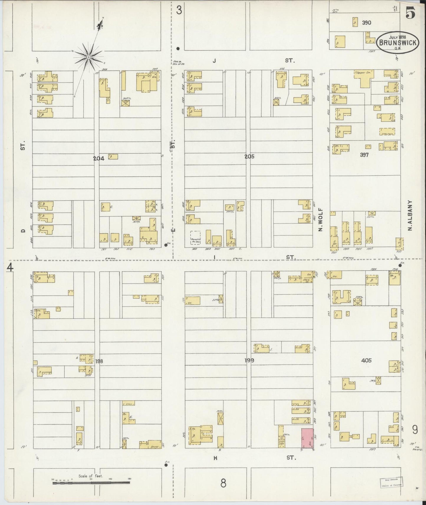 Sanborn Fire Insurance Map from Brunswick, Glynn County, Georgia (1898), Sheet #0005 - Complete Map Set gallery image, historic Sanborn map, vintage wall art, Georgia Georgia
