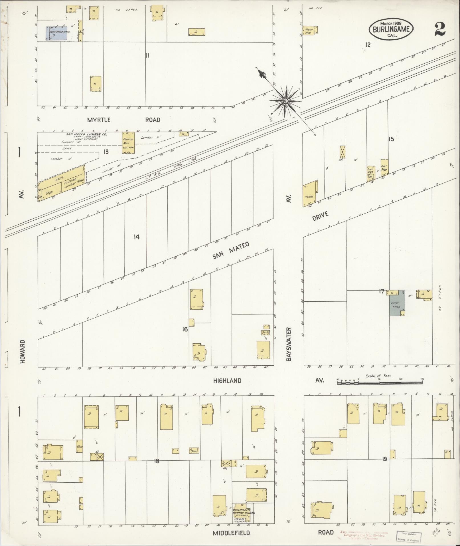 Sanborn Fire Insurance Map from Burlingame, San Mateo County, California (1908), Sheet #0002 - Complete Map Set gallery image, historic Sanborn map, vintage wall art, California California