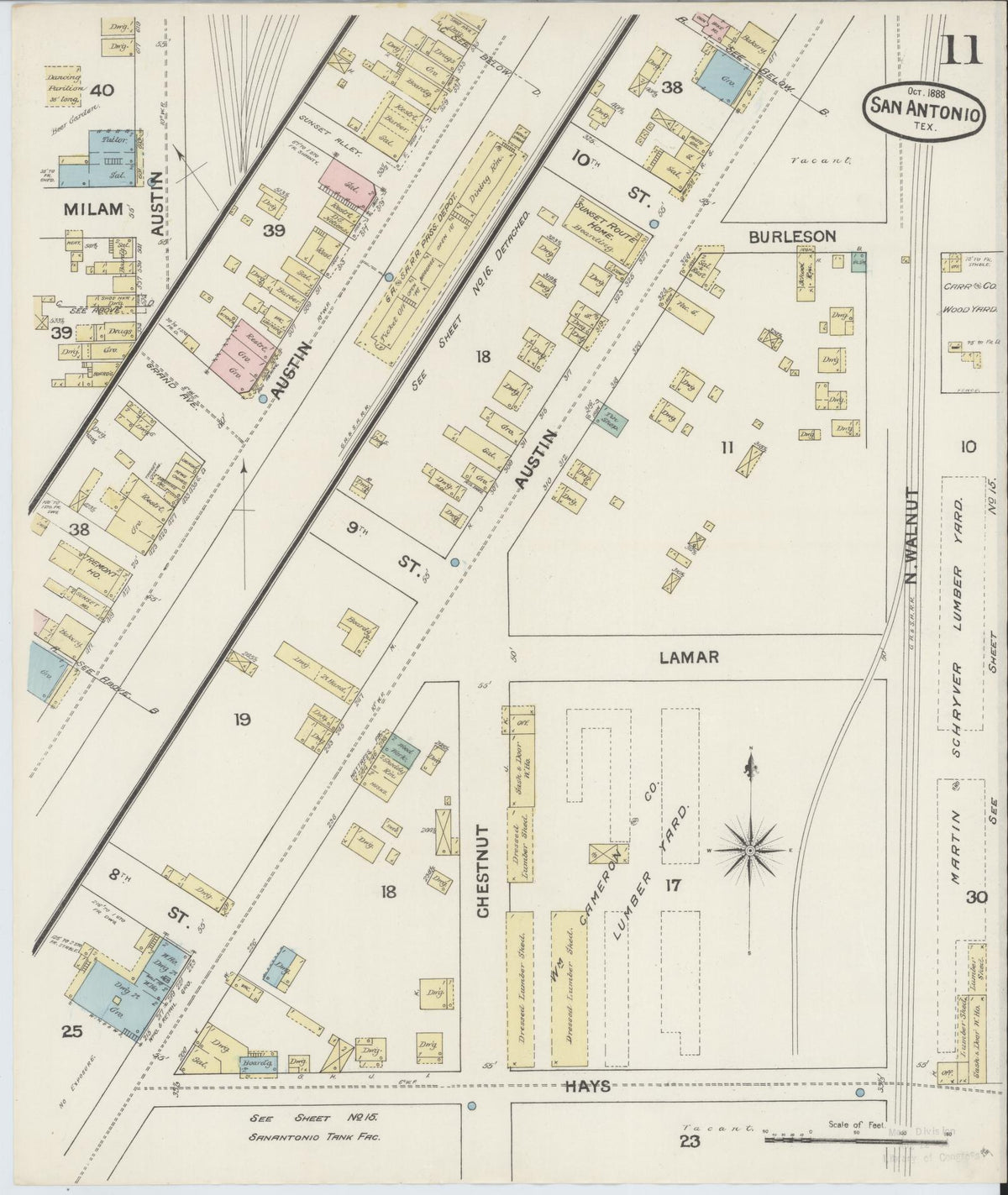 Sanborn Fire Insurance Map from San Antonio, Bexar County, Texas (1888), Sheet #0011 - Historic Sanborn Fire Insurance Map Print, vintage old map wall art, antique decor, genealogy gift, Texas Texas map
