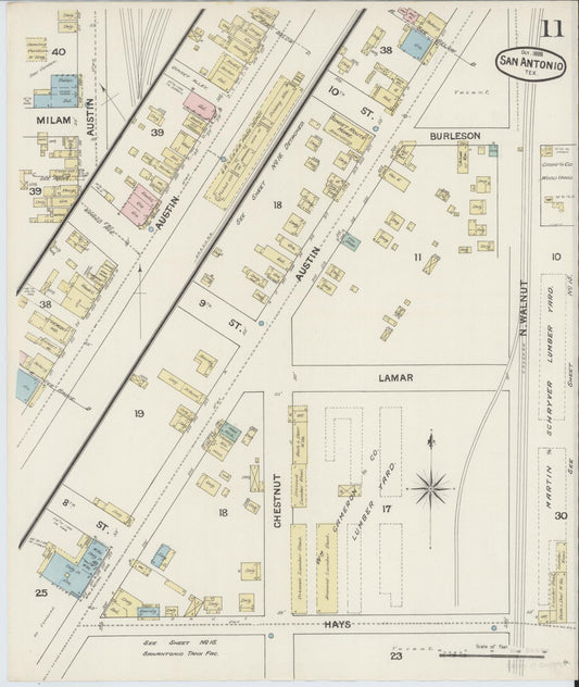 Sanborn Fire Insurance Map from San Antonio, Bexar County, Texas (1888), Sheet #0011 - Historic Sanborn Fire Insurance Map Print, vintage old map wall art, antique decor, genealogy gift, Texas Texas map