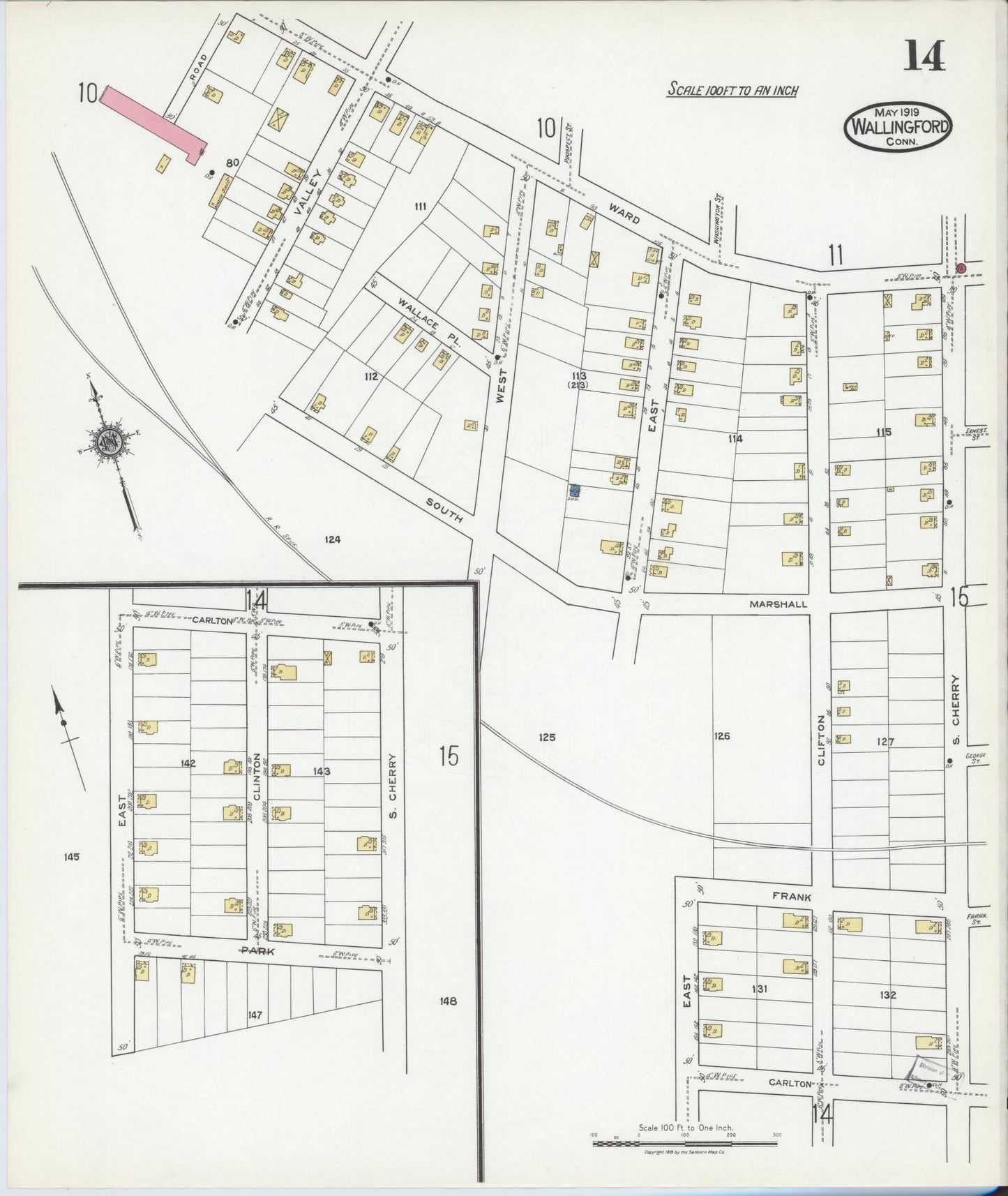 Sanborn Fire Insurance Map from Wallingford, New Haven County, Connecticut (1919), Sheet #0014 - Complete Map Set gallery image, historic Sanborn map, vintage wall art, Connecticut Connecticut