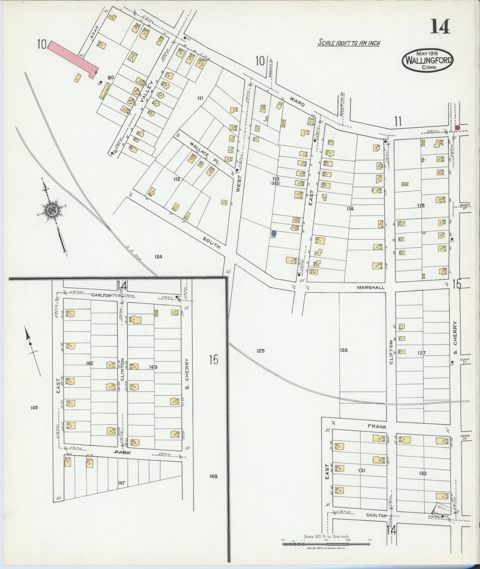Sanborn Fire Insurance Map from Wallingford, New Haven County, Connecticut (1919), Sheet #0014 - Complete Map Set gallery image, historic Sanborn map, vintage wall art, Connecticut Connecticut