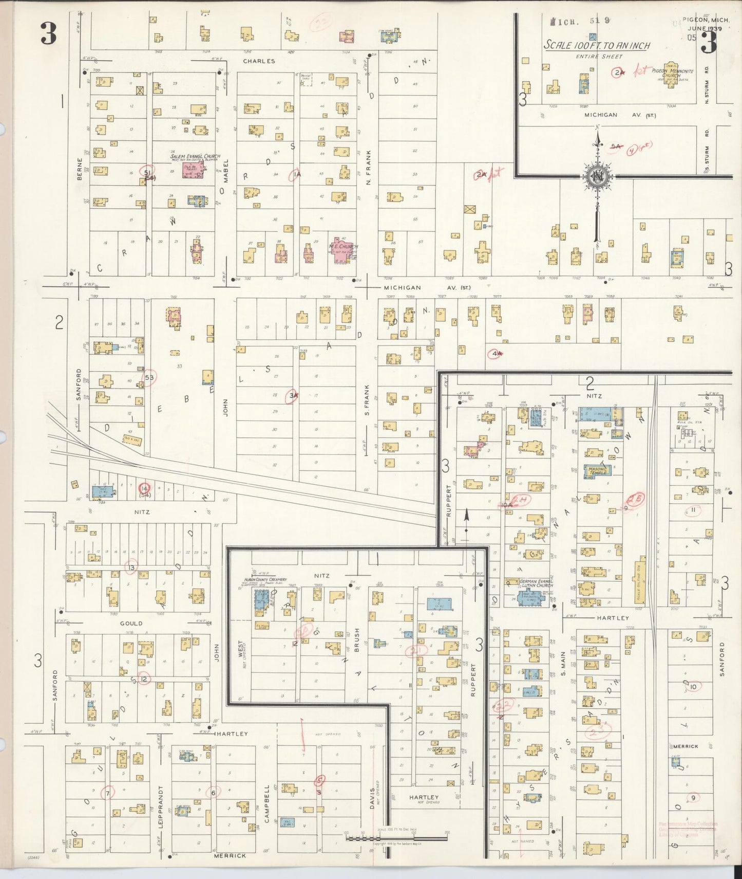 Sanborn Fire Insurance Map from Pigeon, Huron County, Michigan (1939), Sheet #0003 - Complete Map Set gallery image, historic Sanborn map, vintage wall art, Michigan Michigan