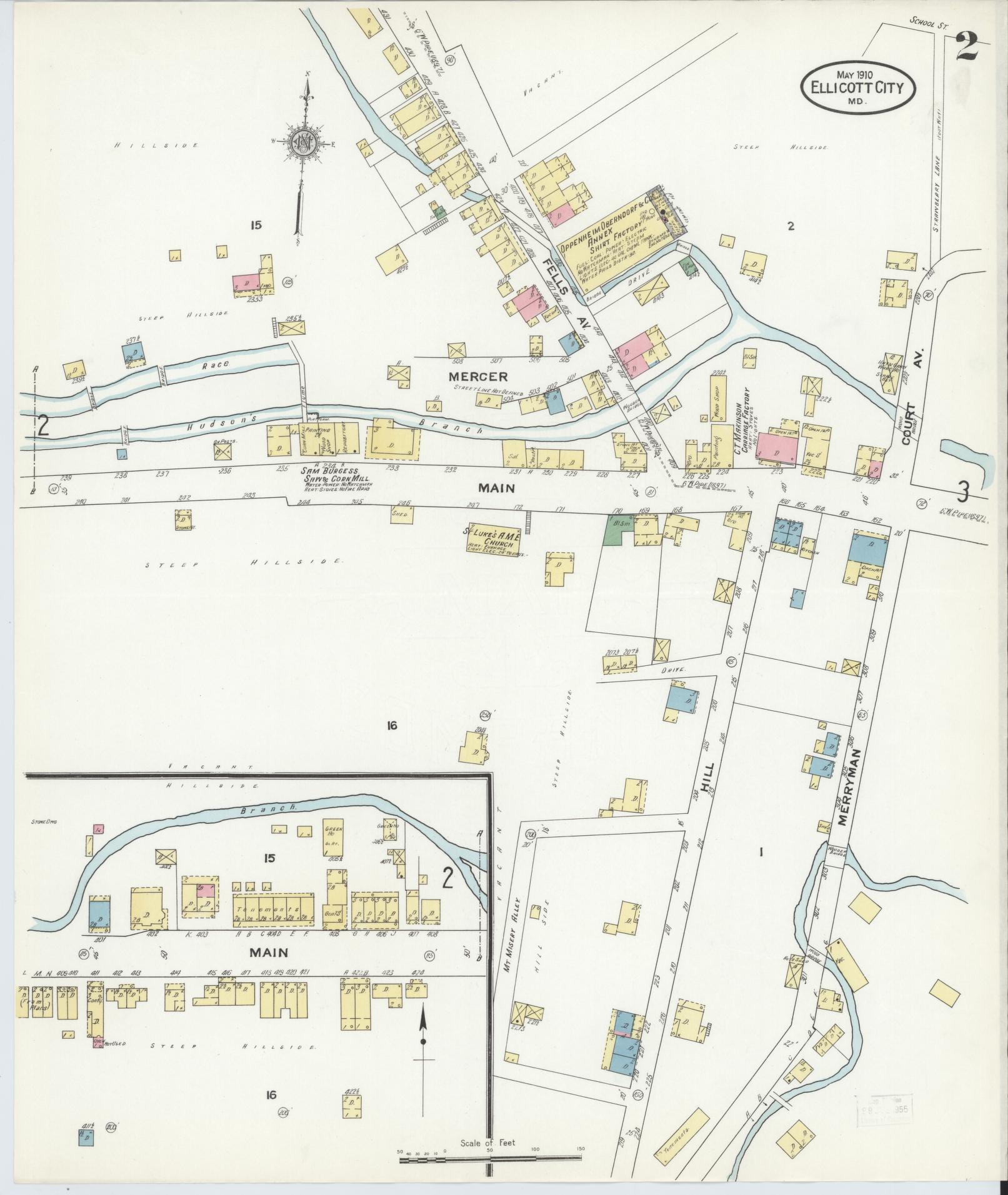 Sanborn Fire Insurance Map from Ellicott City, Howard County, Maryland (1910), Sheet #0002 - Complete Map Set gallery image, historic Sanborn map, vintage wall art, Maryland Maryland