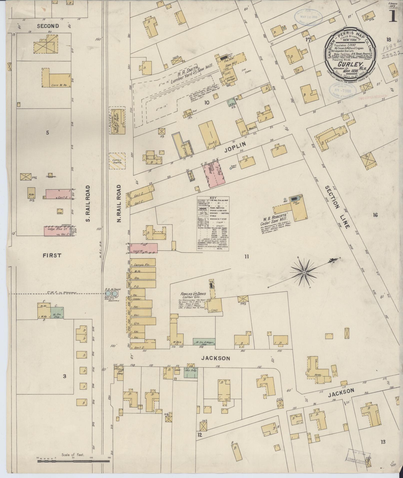 Sanborn Fire Insurance Map from Gurley, Madison County, Alabama (1898), Sheet #0001 - Historic Sanborn Fire Insurance Map Print, vintage old map wall art, antique decor, genealogy gift, Alabama Alabama map