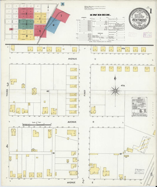 Sanborn Fire Insurance Map from Kentwood, Tangipahoa Parish, Louisiana (1909), Sheet #0001 - Historic Sanborn Fire Insurance Map Print, vintage old map wall art, antique decor, genealogy gift, Louisiana Louisiana map
