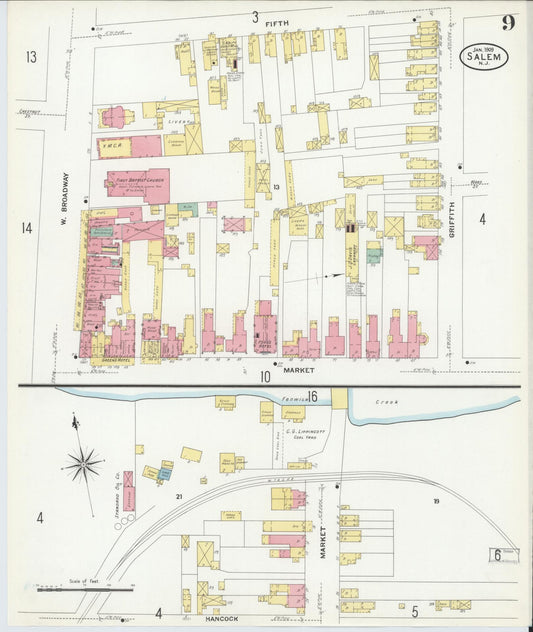 Sanborn Fire Insurance Map from Salem, Salem County, New Jersey (1909), Sheet #0009 - Historic Sanborn Fire Insurance Map Print, vintage old map wall art, antique decor, genealogy gift, New Jersey New Jersey map