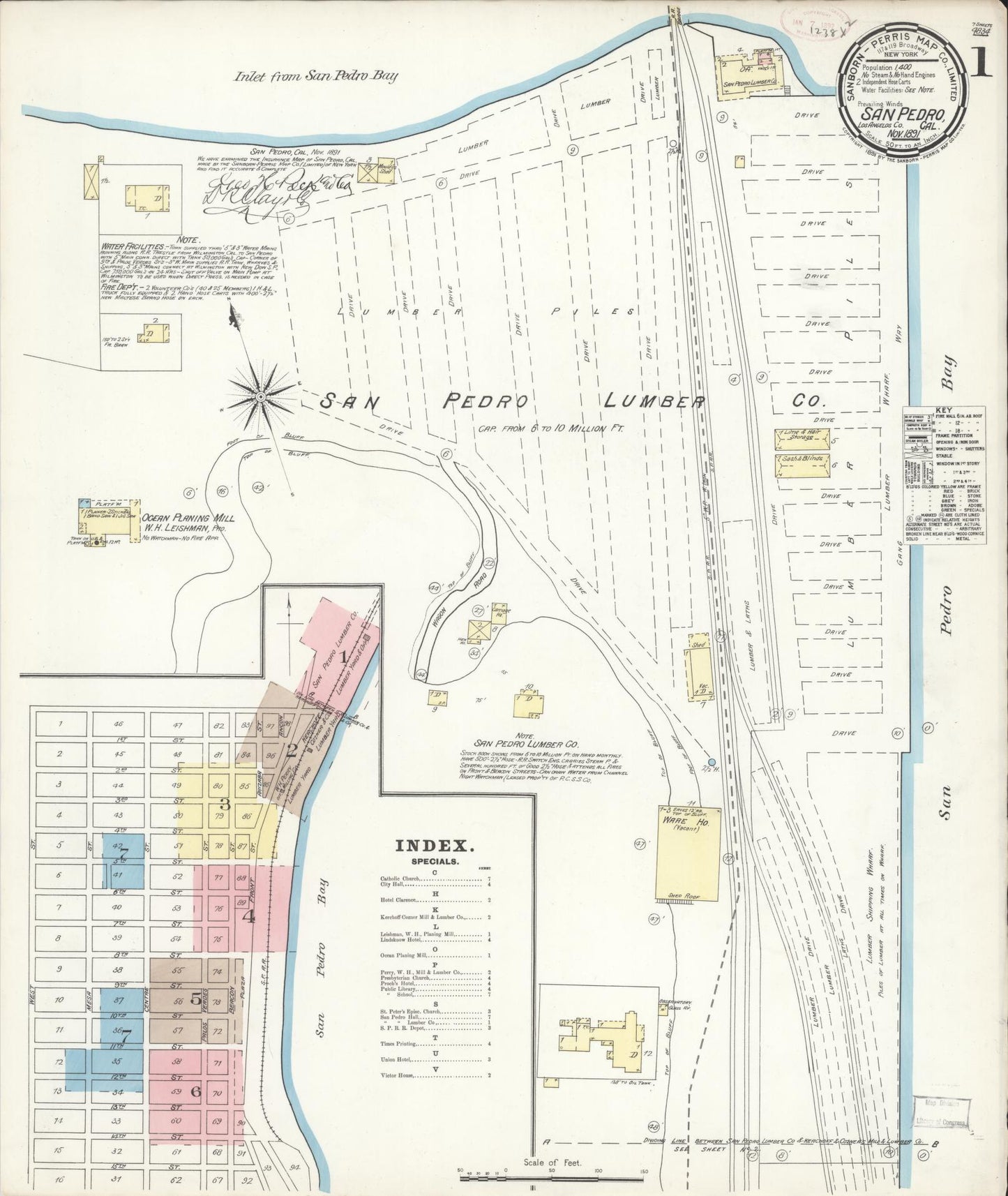 Sanborn Fire Insurance Map from San Pedro, Los Angeles County, California (1891), Sheet #0001 - Complete Map Set gallery image, historic Sanborn map, vintage wall art, California California