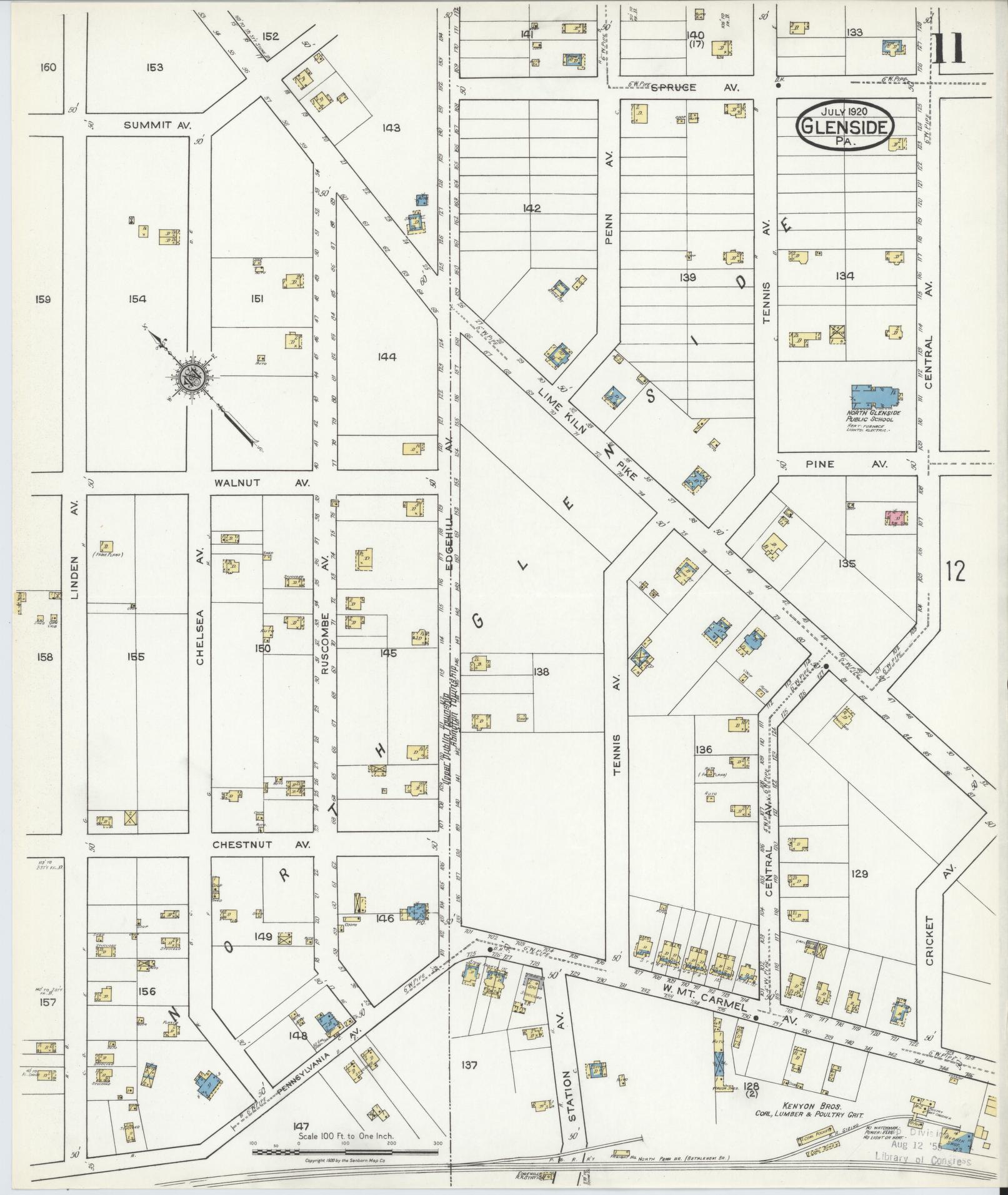 Sanborn Fire Insurance Map from Glenside, Montgomery County, Pennsylvania (1920), Sheet #0011 - Historic Sanborn Fire Insurance Map Print, vintage old map wall art, antique decor, genealogy gift, Pennsylvania Pennsylvania map