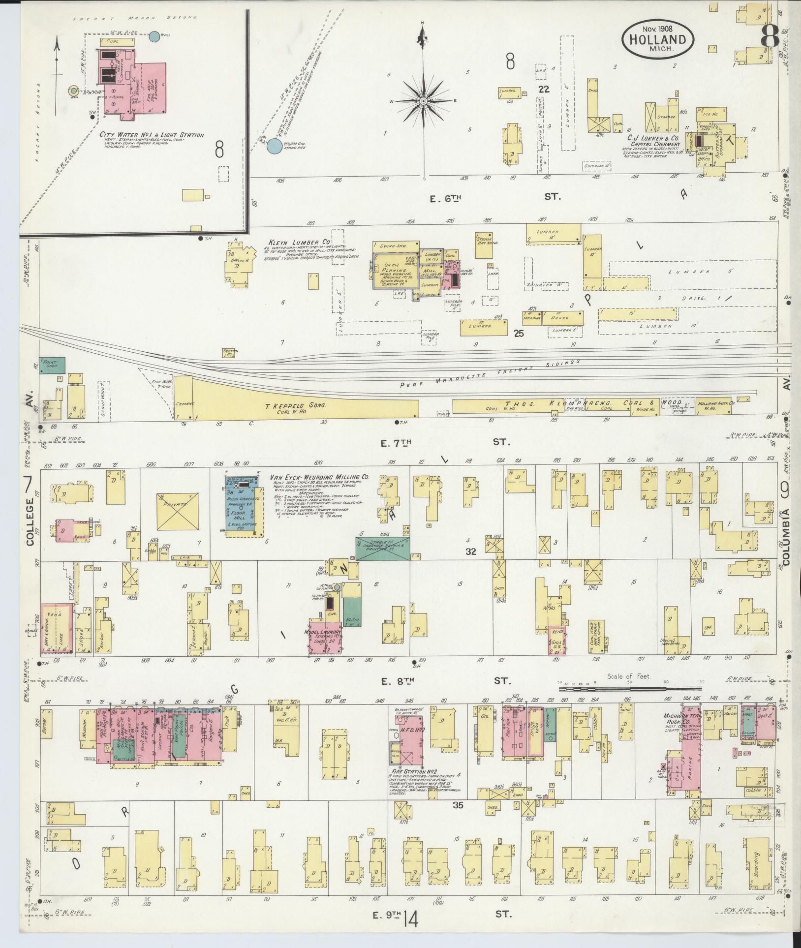 Sanborn Fire Insurance Map from Holland, Ottawa County, Michigan (1908), Sheet #0008 - Historic Sanborn Fire Insurance Map Print, vintage old map wall art, antique decor, genealogy gift, Michigan Michigan map