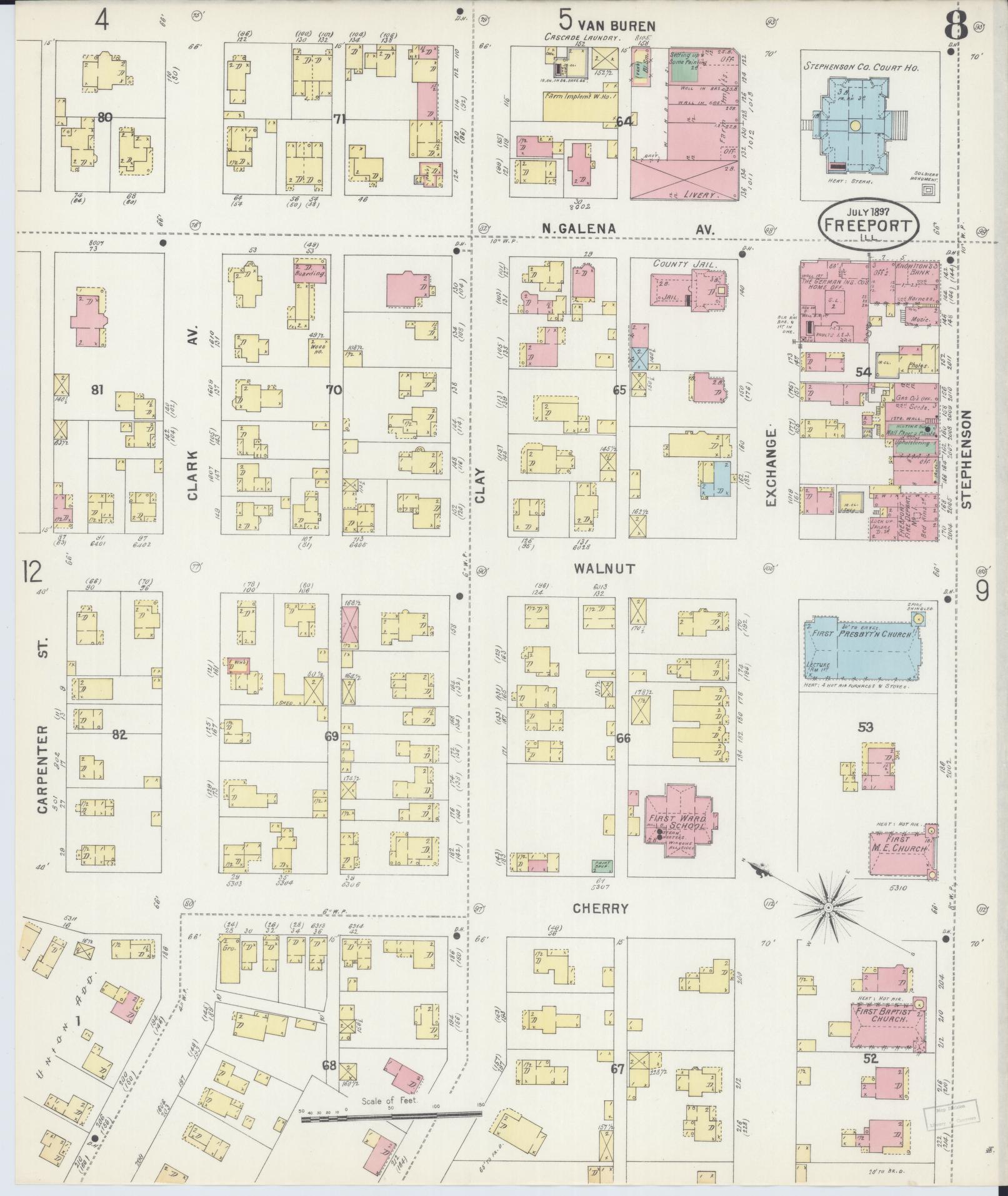 Sanborn Fire Insurance Map from Freeport, Stephenson County, Illinois (1897), Sheet #0008 - Historic Sanborn Fire Insurance Map Print, vintage old map wall art, antique decor, genealogy gift, Illinois Illinois map