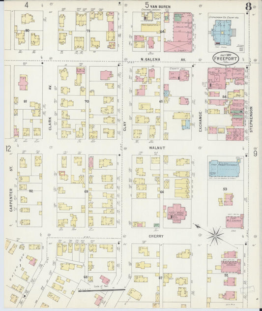 Sanborn Fire Insurance Map from Freeport, Stephenson County, Illinois (1897), Sheet #0008 - Historic Sanborn Fire Insurance Map Print, vintage old map wall art, antique decor, genealogy gift, Illinois Illinois map