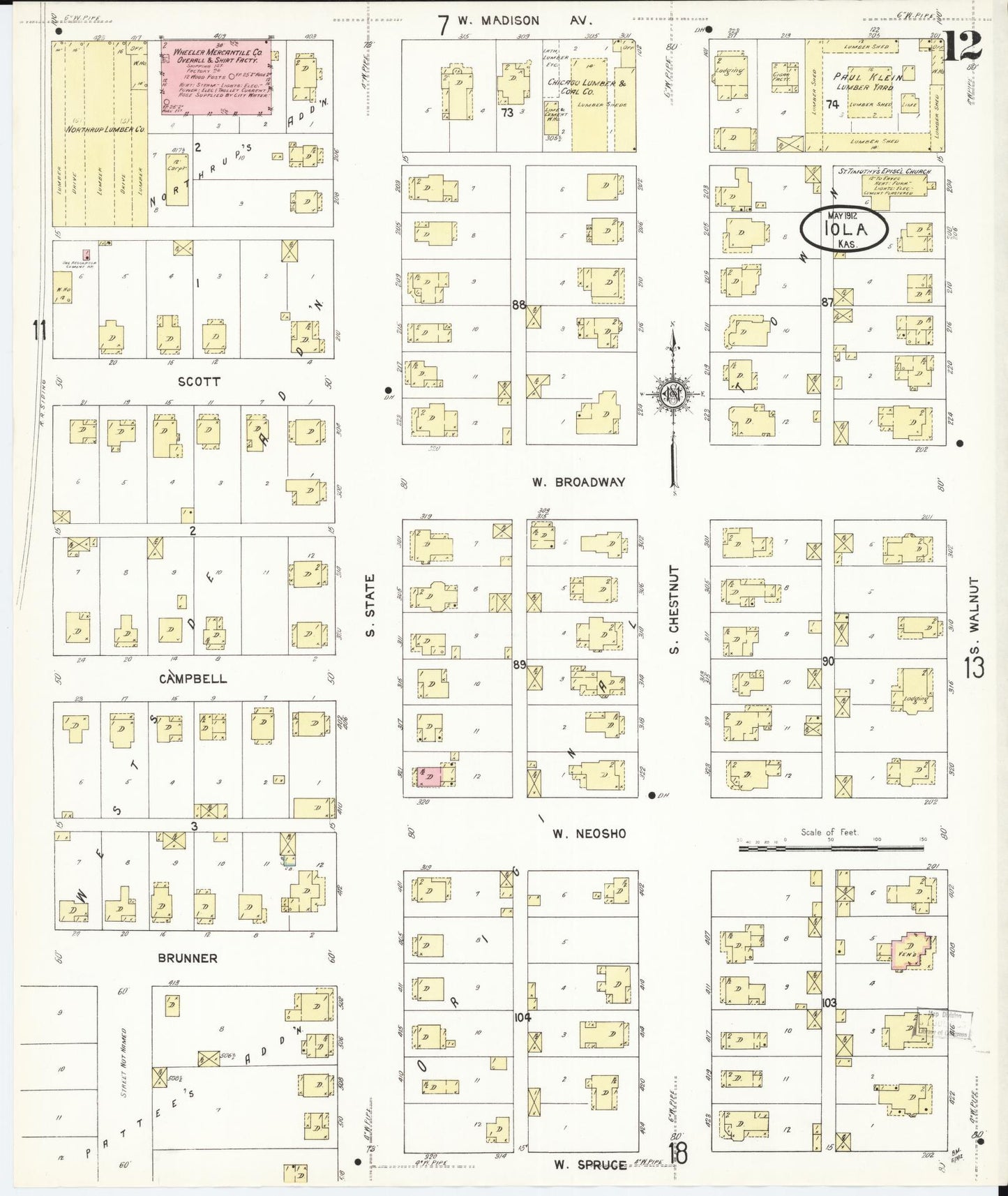 Sanborn Fire Insurance Map from Iola, Allen County, Kansas (1912), Sheet #0012 - Complete Map Set gallery image, historic Sanborn map, vintage wall art, Kansas Kansas