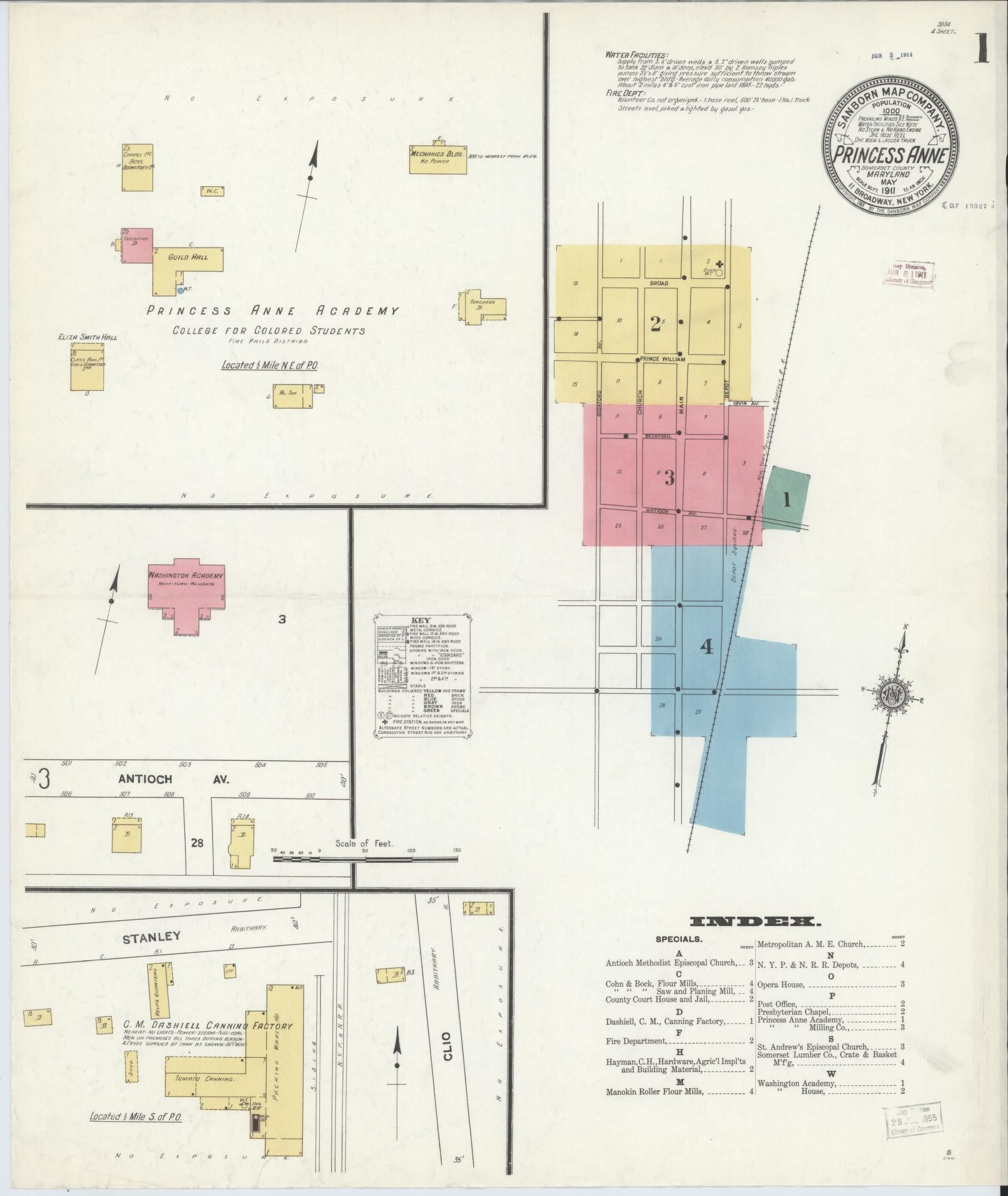 Sanborn Fire Insurance Map from Princess Anne, Somerset County, Maryland (1911), Sheet #0001 - Historic Sanborn Fire Insurance Map Print, vintage old map wall art, antique decor, genealogy gift, Maryland Maryland map