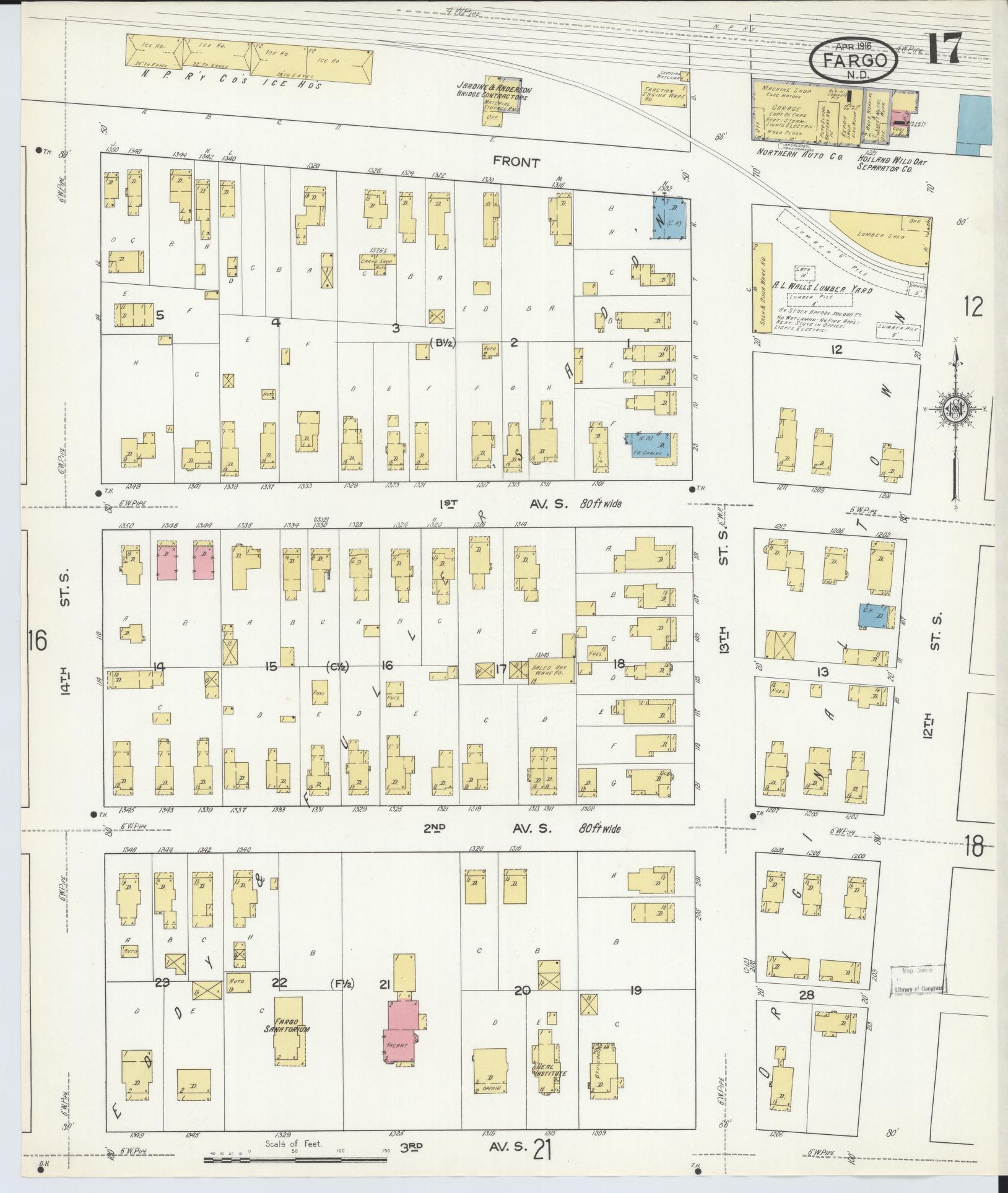 Sanborn Fire Insurance Map from Fargo, Cass County, North Dakota (1916), Sheet #0017 - Complete Map Set gallery image, historic Sanborn map, vintage wall art, North Dakota North Dakota