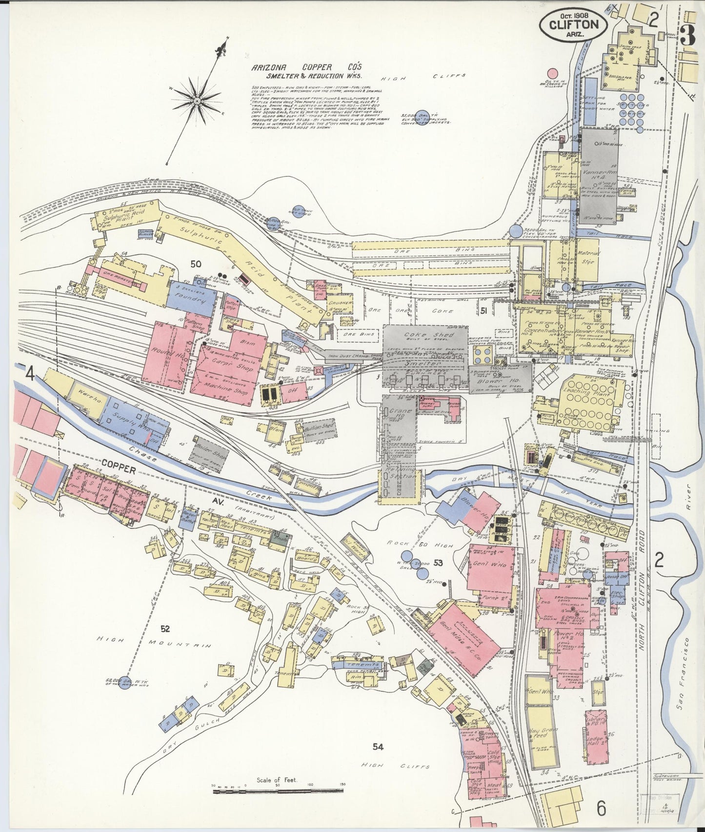 Sanborn Fire Insurance Map from Clifton, Greenlee County, Arizona (1908), Sheet #0003 - Historic Sanborn Fire Insurance Map Print, vintage old map wall art, antique decor, genealogy gift, Arizona Arizona map