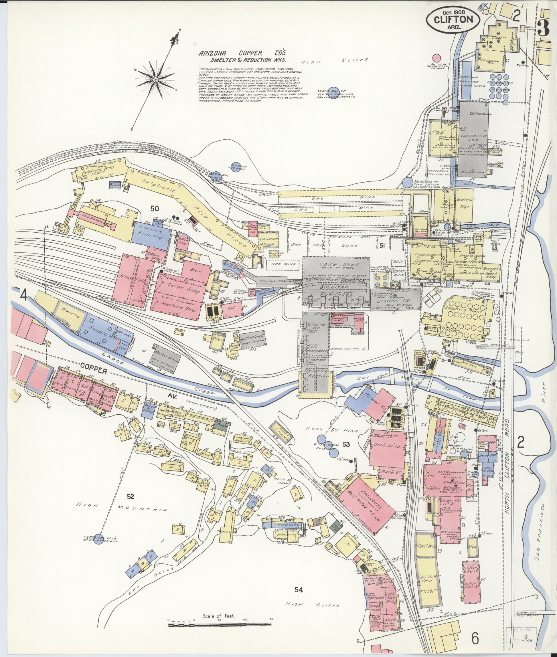 Sanborn Fire Insurance Map from Clifton, Greenlee County, Arizona (1908), Sheet #0003 - Historic Sanborn Fire Insurance Map Print, vintage old map wall art, antique decor, genealogy gift, Arizona Arizona map