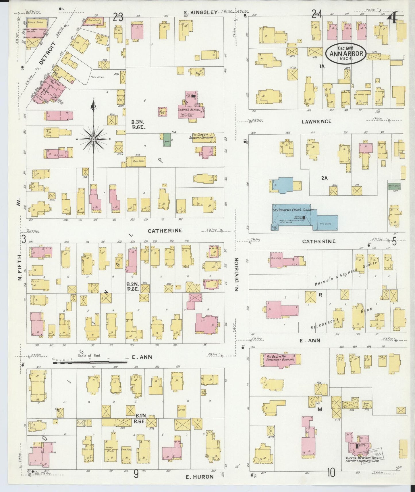 Sanborn Fire Insurance Map from Ann Arbor, Washtenaw County, Michigan (1908), Sheet #0004 - Historic Sanborn Fire Insurance Map Print, vintage old map wall art, antique decor, genealogy gift, Michigan Michigan map