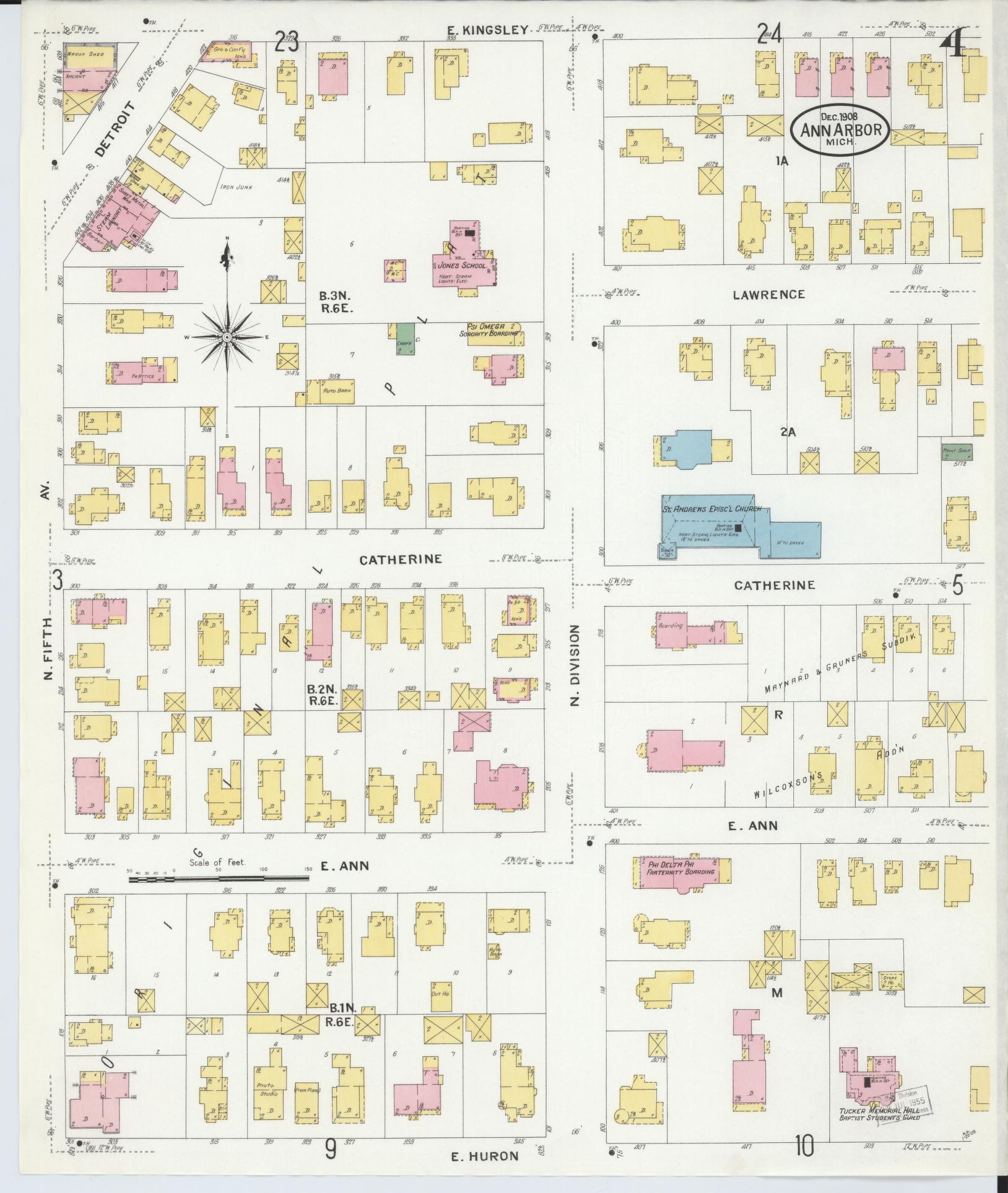 Sanborn Fire Insurance Map from Ann Arbor, Washtenaw County, Michigan (1908), Sheet #0004 - Historic Sanborn Fire Insurance Map Print, vintage old map wall art, antique decor, genealogy gift, Michigan Michigan map