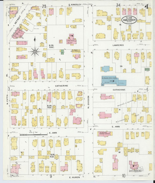 Sanborn Fire Insurance Map from Ann Arbor, Washtenaw County, Michigan (1908), Sheet #0004 - Historic Sanborn Fire Insurance Map Print, vintage old map wall art, antique decor, genealogy gift, Michigan Michigan map