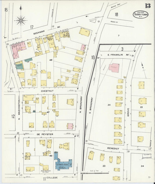 Sanborn Fire Insurance Map from Tarrytown, Westchester County, New York (1909), Sheet #0013 - Historic Sanborn Fire Insurance Map Print, vintage old map wall art, antique decor, genealogy gift, New York New York map