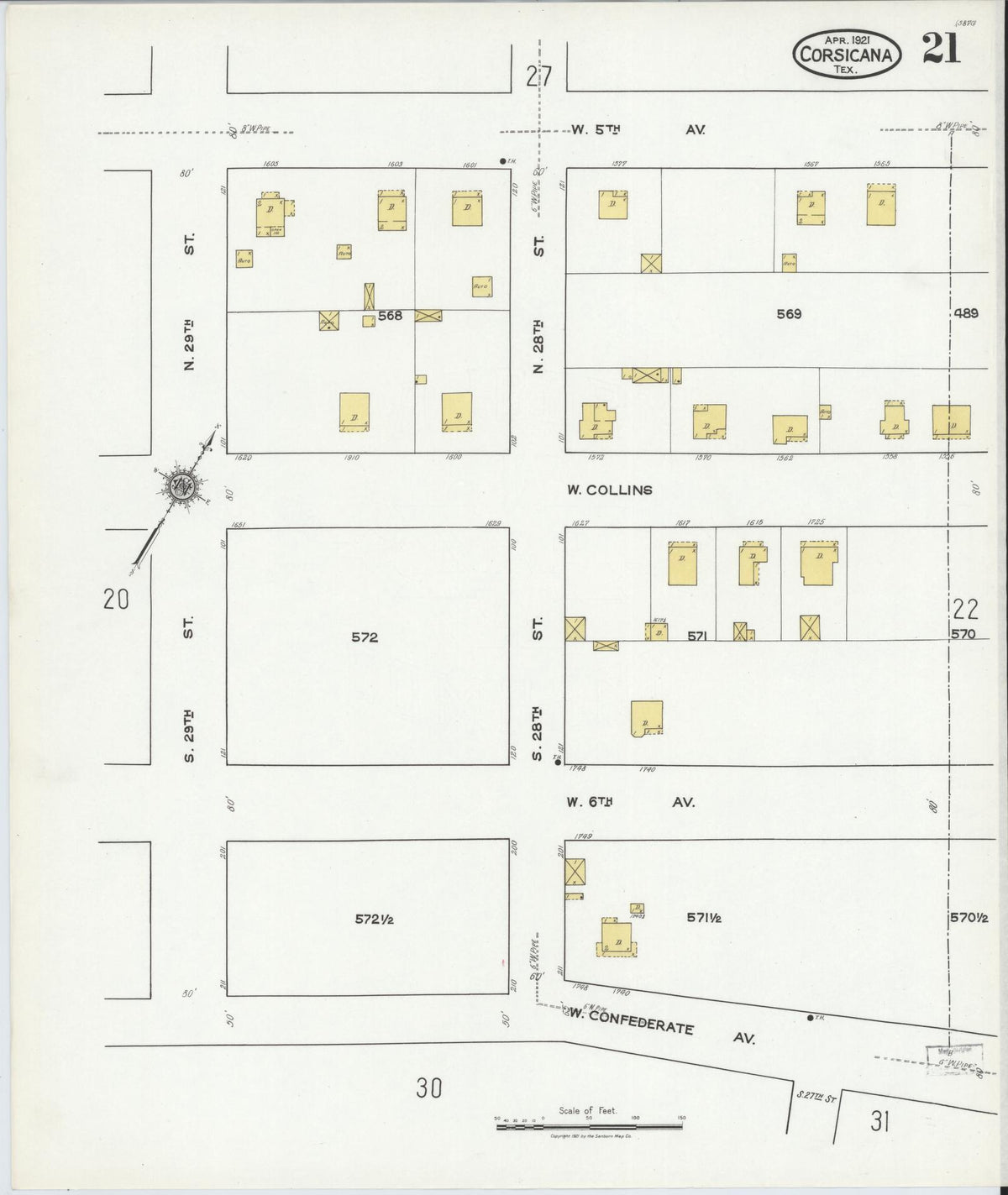 Sanborn Fire Insurance Map from Corsicana, Navarro County, Texas (1921), Sheet #0021 - Historic Sanborn Fire Insurance Map Print, vintage old map wall art, antique decor, genealogy gift, Texas Texas map