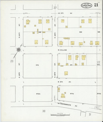 Sanborn Fire Insurance Map from Corsicana, Navarro County, Texas (1921), Sheet #0021 - Historic Sanborn Fire Insurance Map Print, vintage old map wall art, antique decor, genealogy gift, Texas Texas map