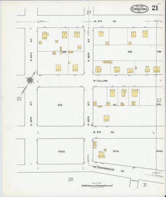 Sanborn Fire Insurance Map from Corsicana, Navarro County, Texas (1921), Sheet #0021 - Historic Sanborn Fire Insurance Map Print, vintage old map wall art, antique decor, genealogy gift, Texas Texas map