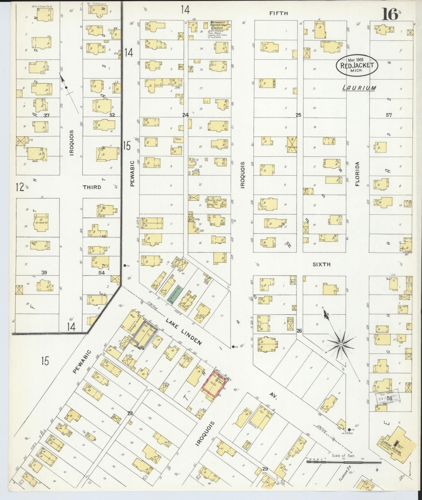 Sanborn Fire Insurance Map from Red Jacket, Houghton County, Michigan (1908), Sheet #0016 - Historic Sanborn Fire Insurance Map Print, vintage old map wall art, antique decor, genealogy gift, Michigan Michigan map