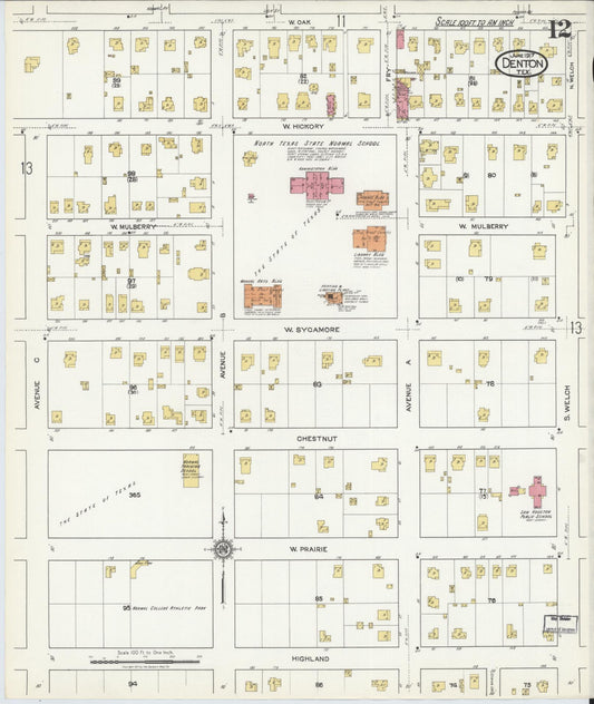 Sanborn Fire Insurance Map from Denton, Denton County, Texas (1917), Sheet #0012 - Historic Sanborn Fire Insurance Map Print, vintage old map wall art, antique decor, genealogy gift, Texas Texas map