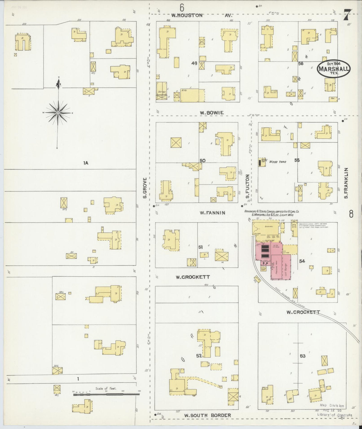 Sanborn Fire Insurance Map from Marshall, Harrison County, Texas (1904), Sheet #0007 - Complete Map Set gallery image, historic Sanborn map, vintage wall art, Texas Texas