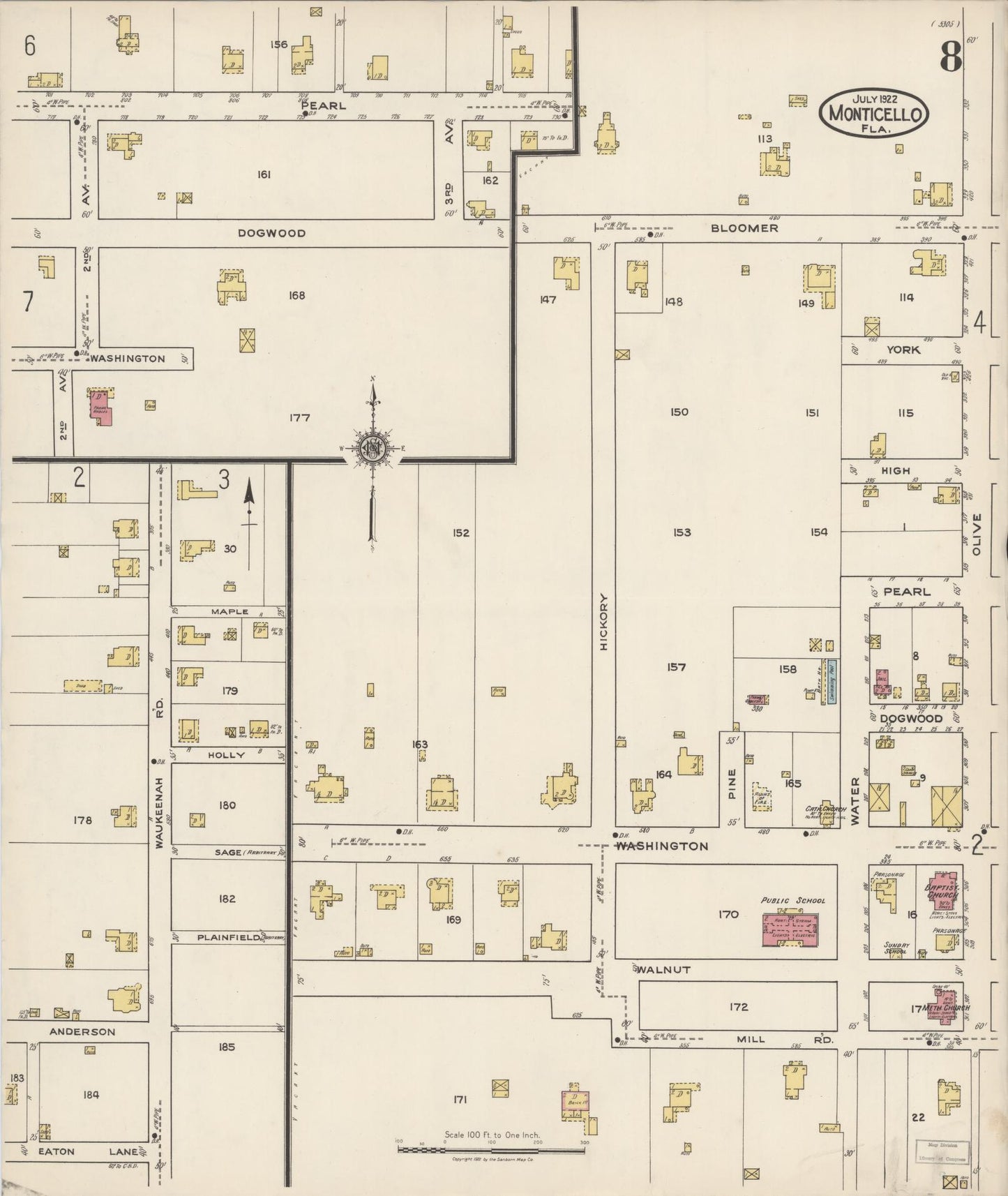 Sanborn Fire Insurance Map from Monticello, Jefferson County, Florida (1922), Sheet #0008 - Complete Map Set gallery image, historic Sanborn map, vintage wall art, Florida Florida