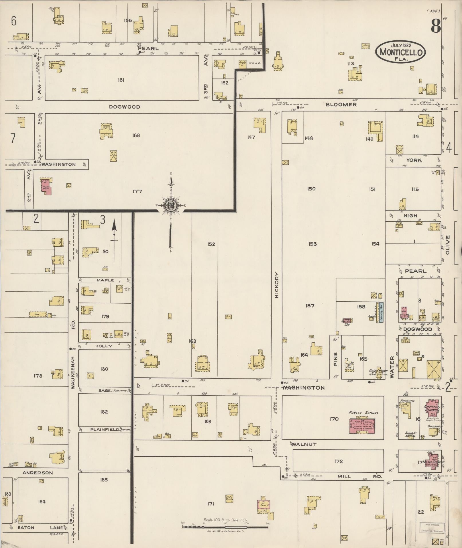 Sanborn Fire Insurance Map from Monticello, Jefferson County, Florida (1922), Sheet #0008 - Complete Map Set gallery image, historic Sanborn map, vintage wall art, Florida Florida