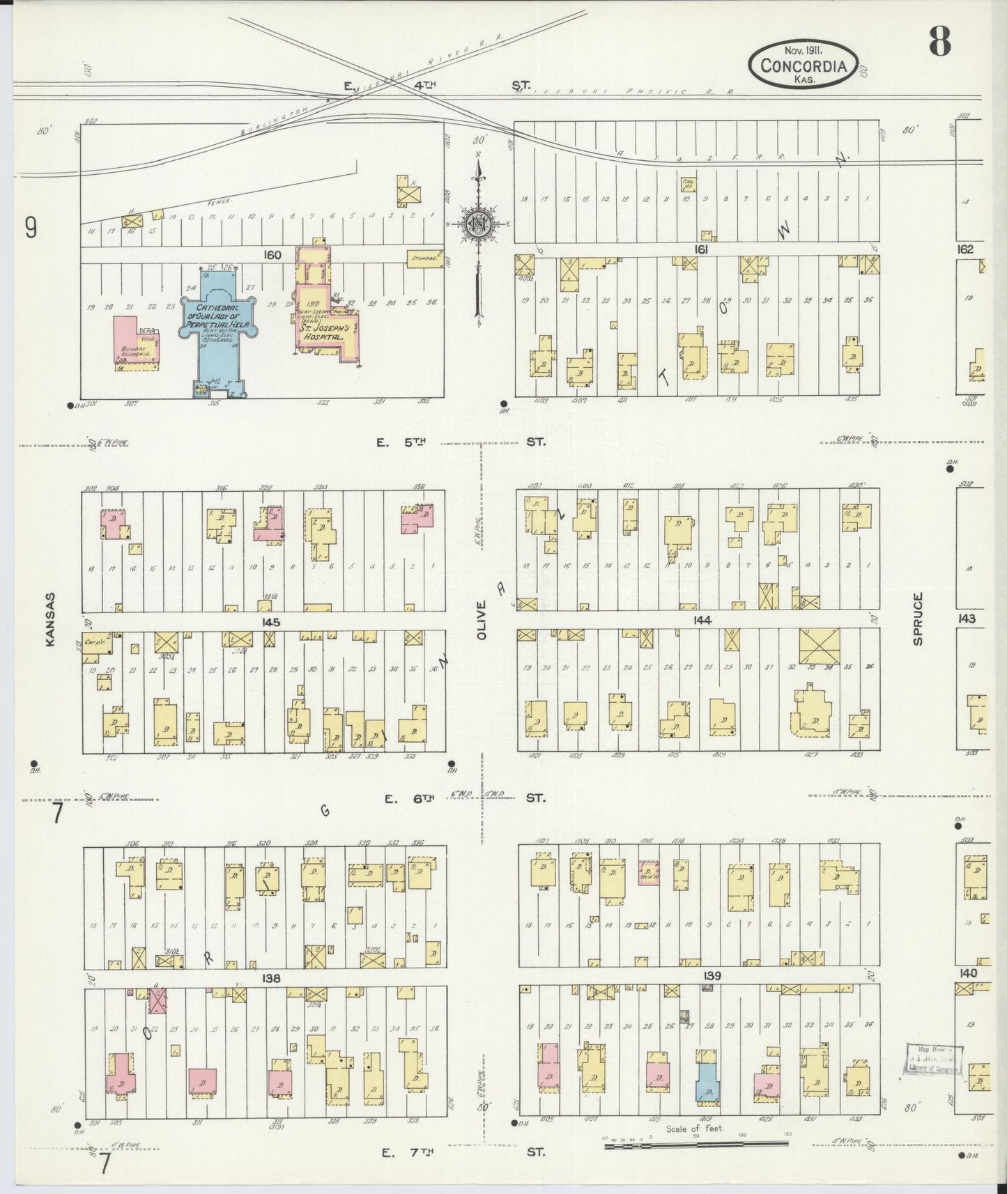 Sanborn Fire Insurance Map from Concordia, Cloud County, Kansas (1911), Sheet #0008 - Historic Sanborn Fire Insurance Map Print, vintage old map wall art, antique decor, genealogy gift, Kansas Kansas map