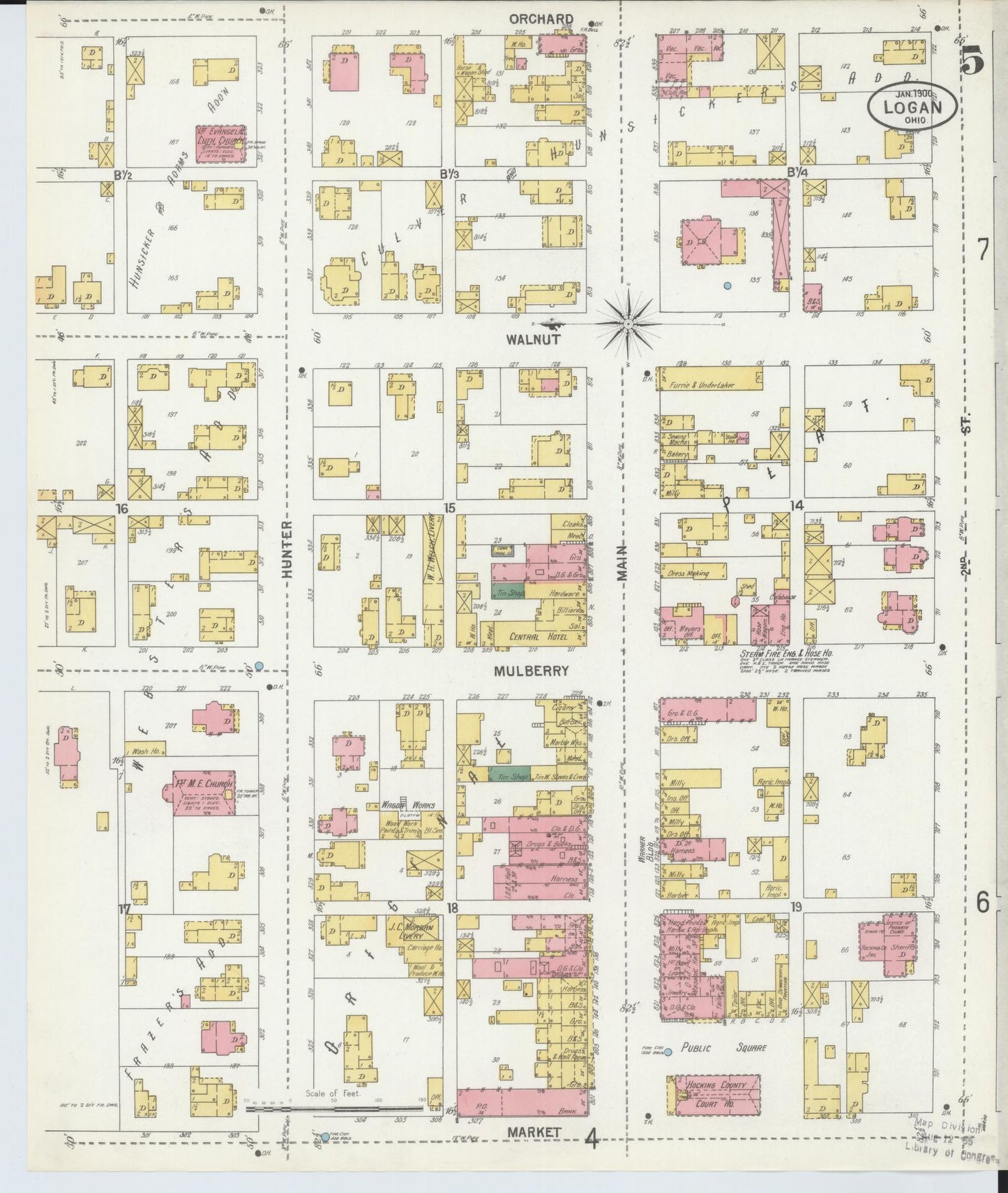 Sanborn Fire Insurance Map from Logan, Hocking County, Ohio (1900), Sheet #0005 - Historic Sanborn Fire Insurance Map Print, vintage old map wall art, antique decor, genealogy gift, Ohio Ohio map