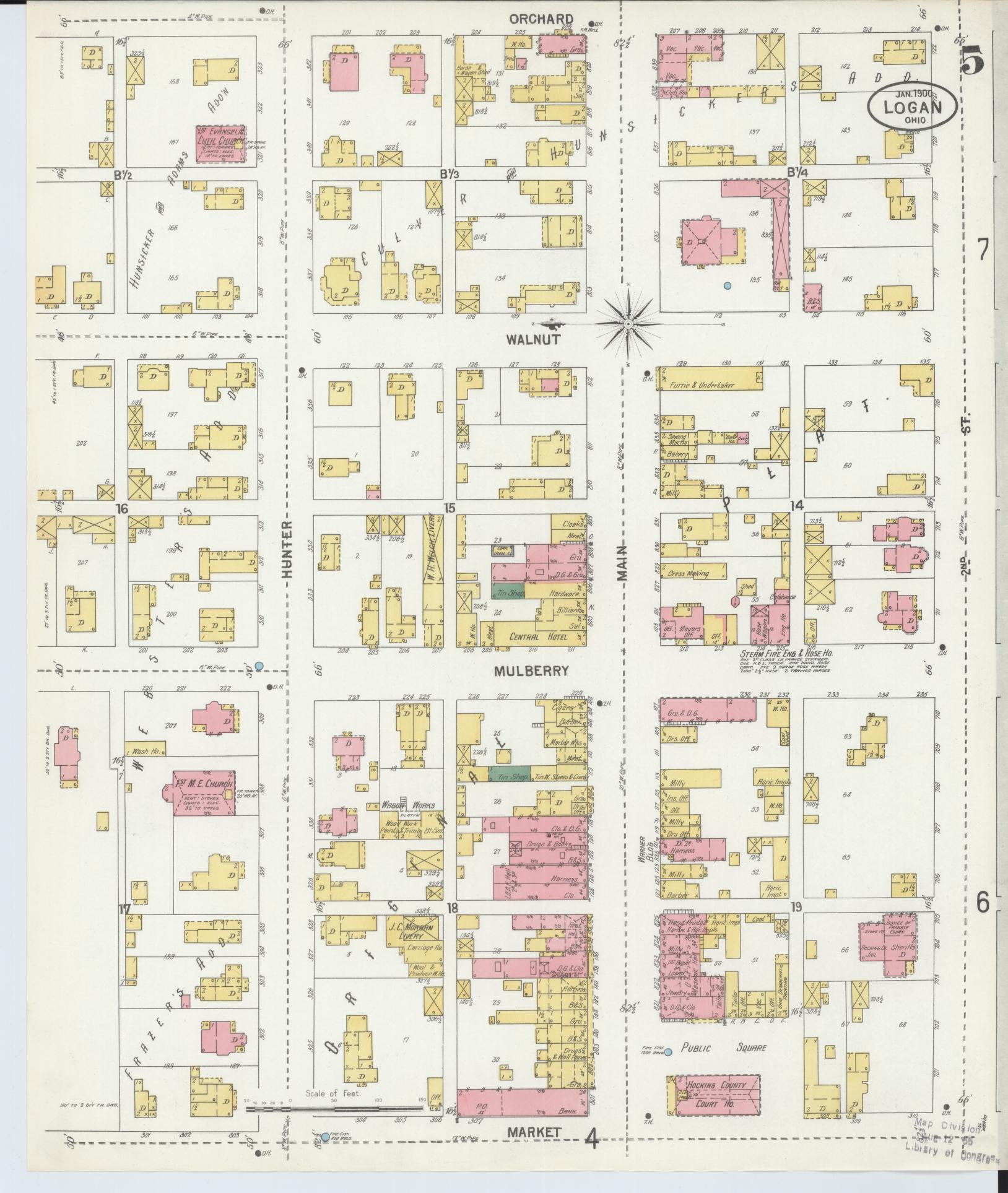 Sanborn Fire Insurance Map from Logan, Hocking County, Ohio (1900), Sheet #0005 - Historic Sanborn Fire Insurance Map Print, vintage old map wall art, antique decor, genealogy gift, Ohio Ohio map