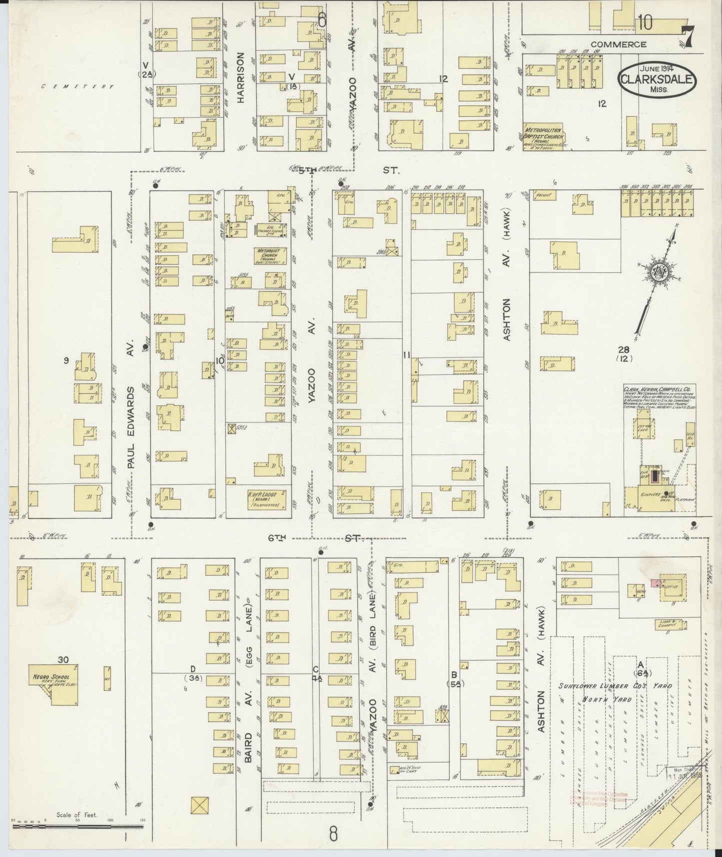 Sanborn Fire Insurance Map from Clarksdale, Coahoma County, Mississippi (1914), Sheet #0007 - Historic Sanborn Fire Insurance Map Print, vintage old map wall art, antique decor, genealogy gift, Mississippi Mississippi map