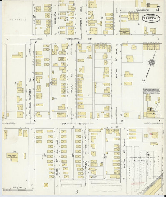 Sanborn Fire Insurance Map from Clarksdale, Coahoma County, Mississippi (1914), Sheet #0007 - Historic Sanborn Fire Insurance Map Print, vintage old map wall art, antique decor, genealogy gift, Mississippi Mississippi map