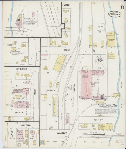 Sanborn Fire Insurance Map from Aurora, Kane County, Illinois (1888), Sheet #0008 - Historic Sanborn Fire Insurance Map Print, vintage old map wall art, antique decor, genealogy gift, Illinois Illinois map