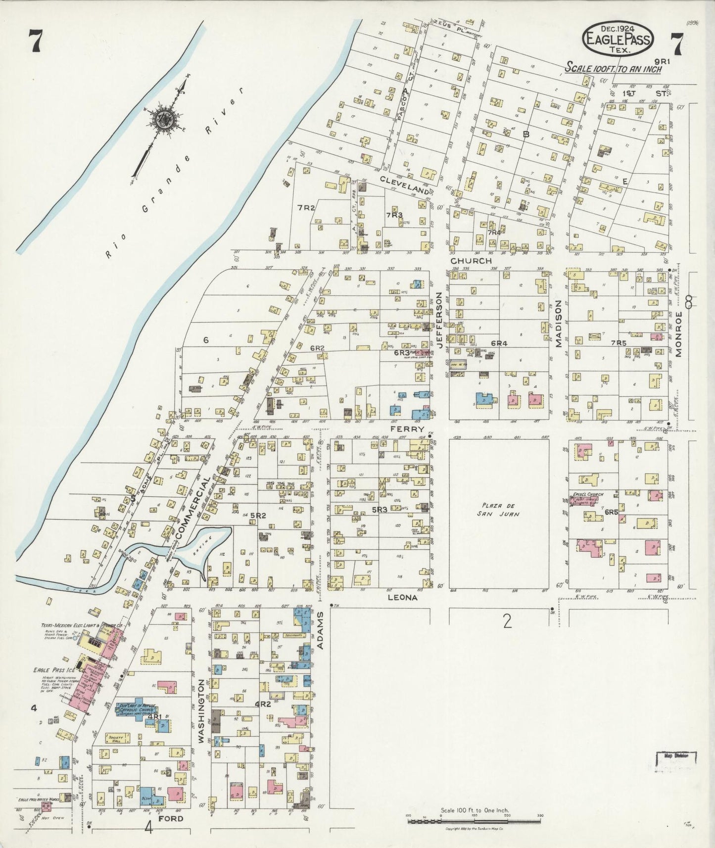 Sanborn Fire Insurance Map from Eagle Pass, Maverick County, Texas (1924), Sheet #0007 - Historic Sanborn Fire Insurance Map Print, vintage old map wall art, antique decor, genealogy gift, Texas Texas map