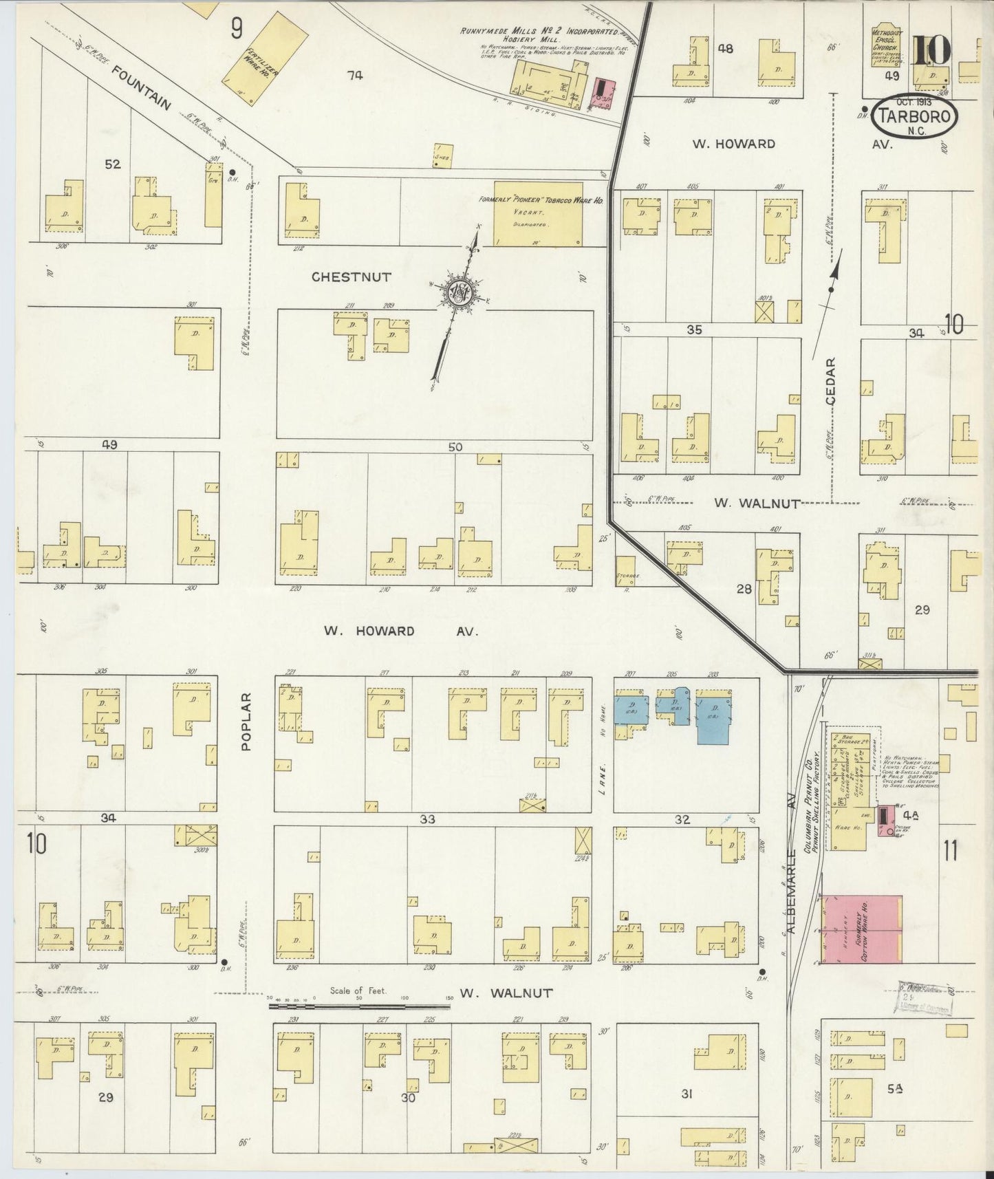 Sanborn Fire Insurance Map from Tarboro, Edgecombe County, North Carolina (1913), Sheet #0010 - Complete Map Set gallery image, historic Sanborn map, vintage wall art, North Carolina North Carolina