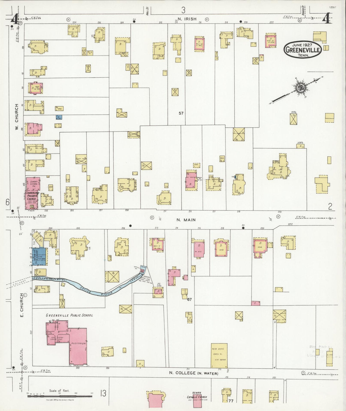Sanborn Fire Insurance Map from Greeneville, Greene County, Tennessee (1927), Sheet #0004 - Historic Sanborn Fire Insurance Map Print, vintage old map wall art, antique decor, genealogy gift, Tennessee Tennessee map