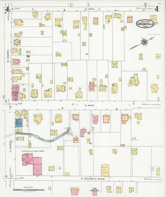 Sanborn Fire Insurance Map from Greeneville, Greene County, Tennessee (1927), Sheet #0004 - Historic Sanborn Fire Insurance Map Print, vintage old map wall art, antique decor, genealogy gift, Tennessee Tennessee map