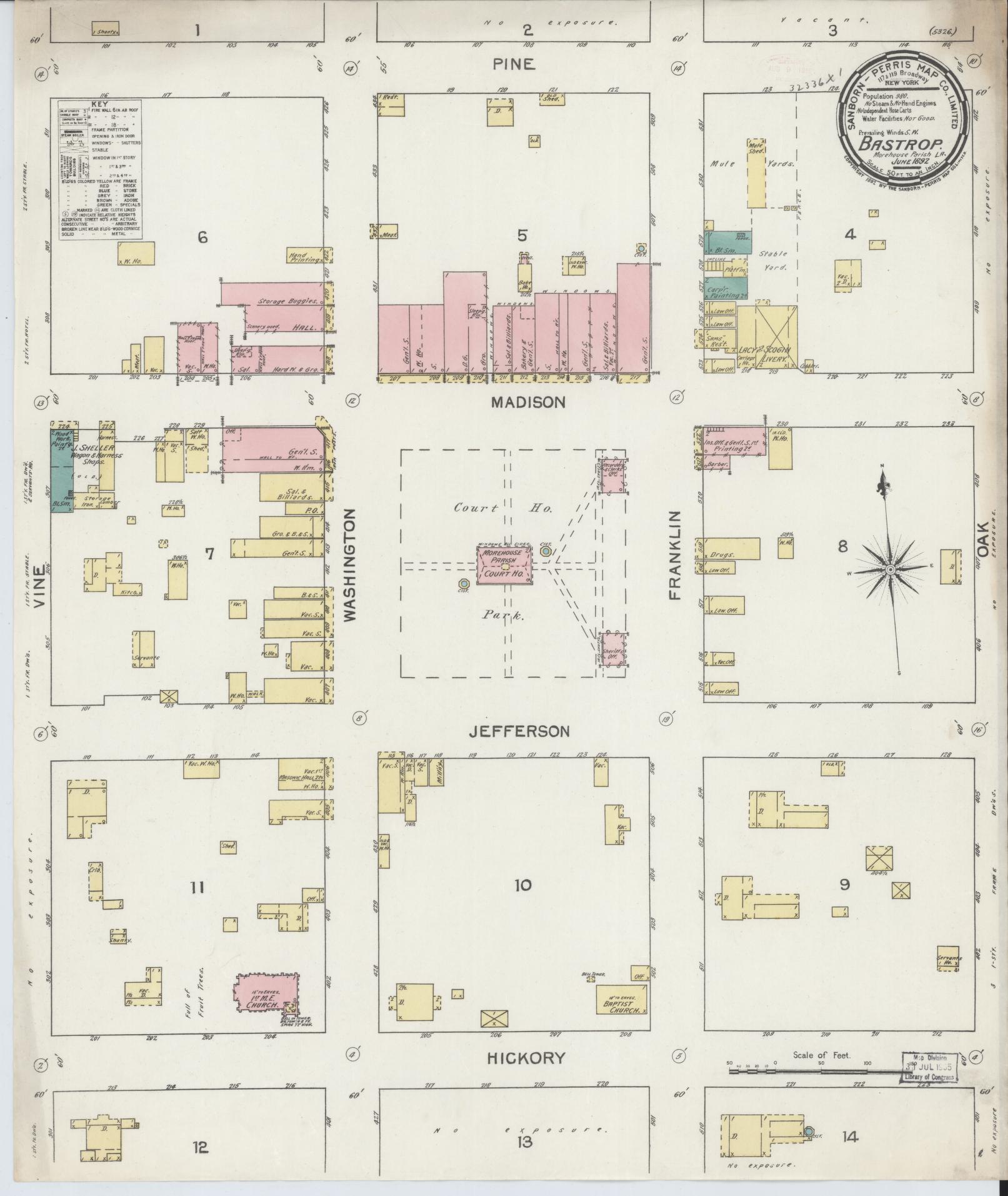 Sanborn Fire Insurance Map from Bastrop, Morehouse Parish, Louisiana (1892), Sheet #0001 - Historic Sanborn Fire Insurance Map Print, vintage old map wall art, antique decor, genealogy gift, Louisiana Louisiana map