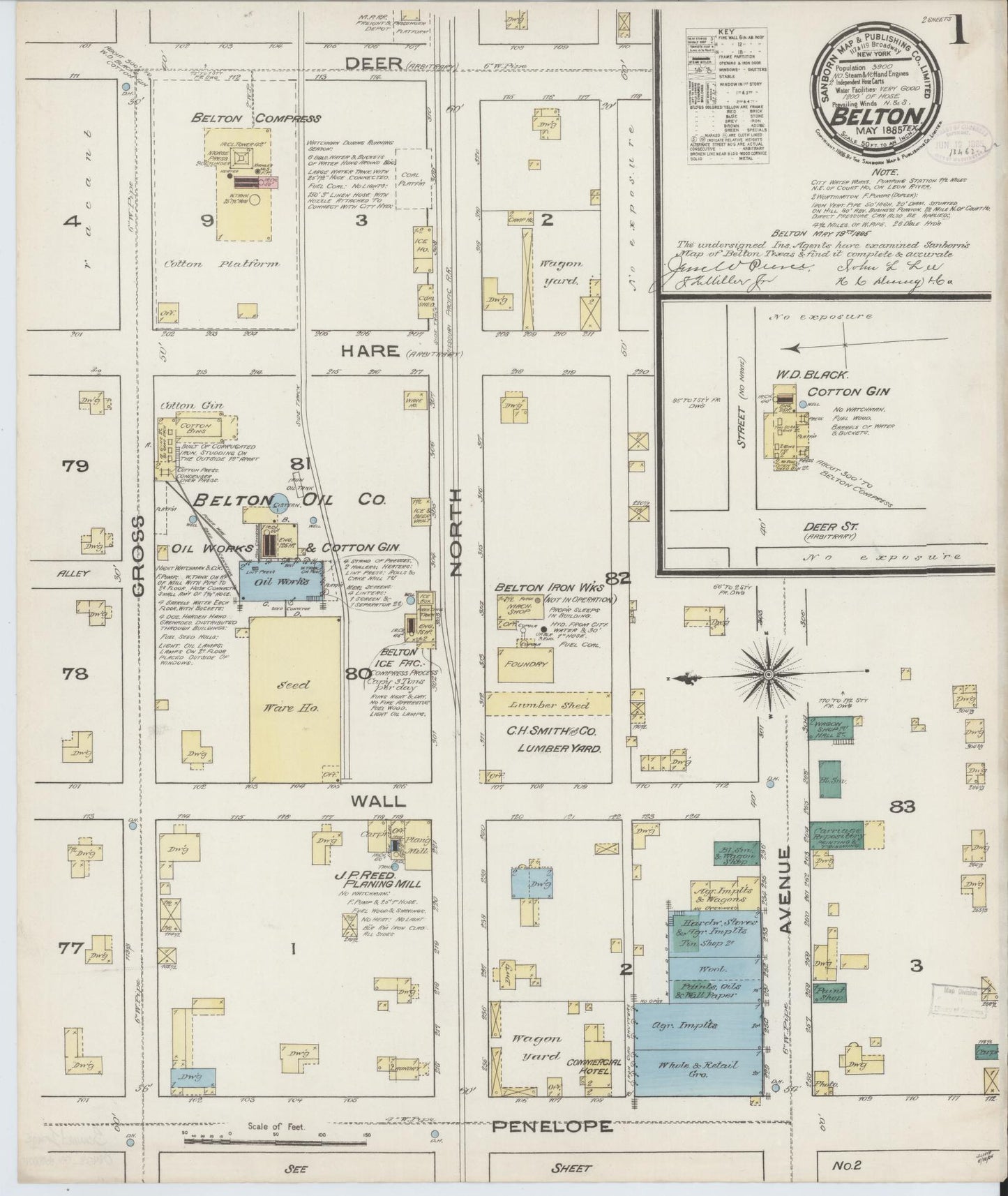 Sanborn Fire Insurance Map from Belton, Bell County, Texas (1885), Sheet #0001 - Historic Sanborn Fire Insurance Map Print, vintage old map wall art, antique decor, genealogy gift, Texas Texas map