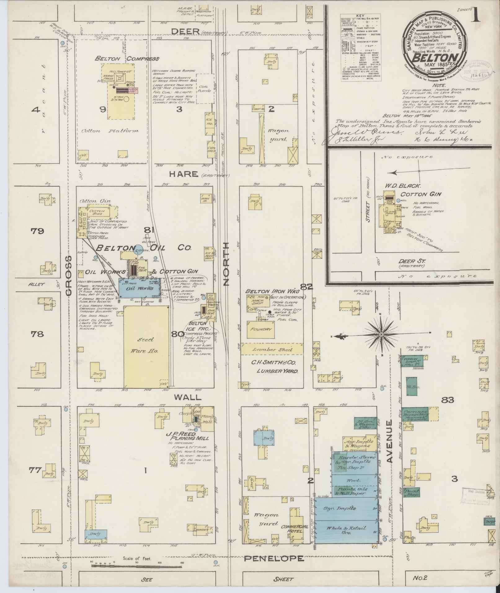Sanborn Fire Insurance Map from Belton, Bell County, Texas (1885), Sheet #0001 - Historic Sanborn Fire Insurance Map Print, vintage old map wall art, antique decor, genealogy gift, Texas Texas map